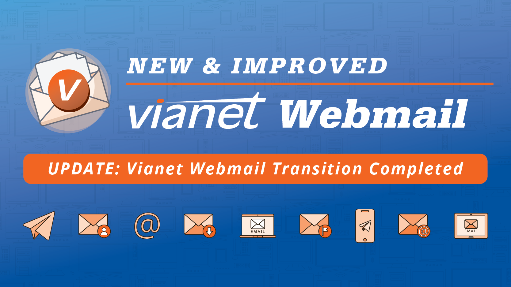 Promotional graphic for vianet Webmail featuring the text 'NEW & IMPROVED' with an envelope logo and various email icons on a blue background.